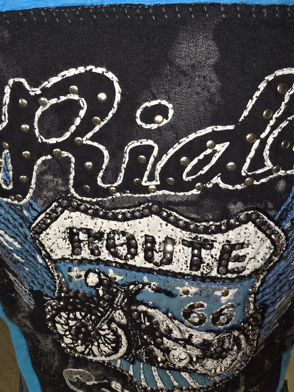 HAND CRAFTED Jean Jacket UPCYCLED Blue Jean Jacket Black Graphic Tee Size 18 - Picture 7 of 13